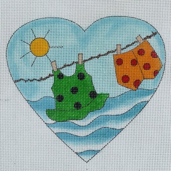 Handpainted Needlepoint Canvas Heart Clothes Drying On a Line Sun Waves MHP 2728 - Picture 2 of 4